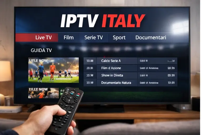 IPTV ITALY su Smart TV con interfaccia per canali live, guida TV e contenuti in streaming